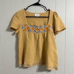 Heyson Womens‎ Embroidered Top Size S Square Neck Boho Mustard Yellow 70s